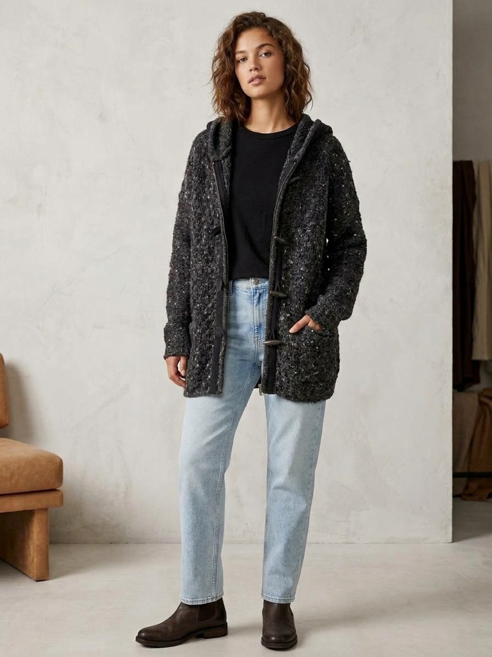 Free People Charcoal Gray Hooded Teddy Toggle Coat